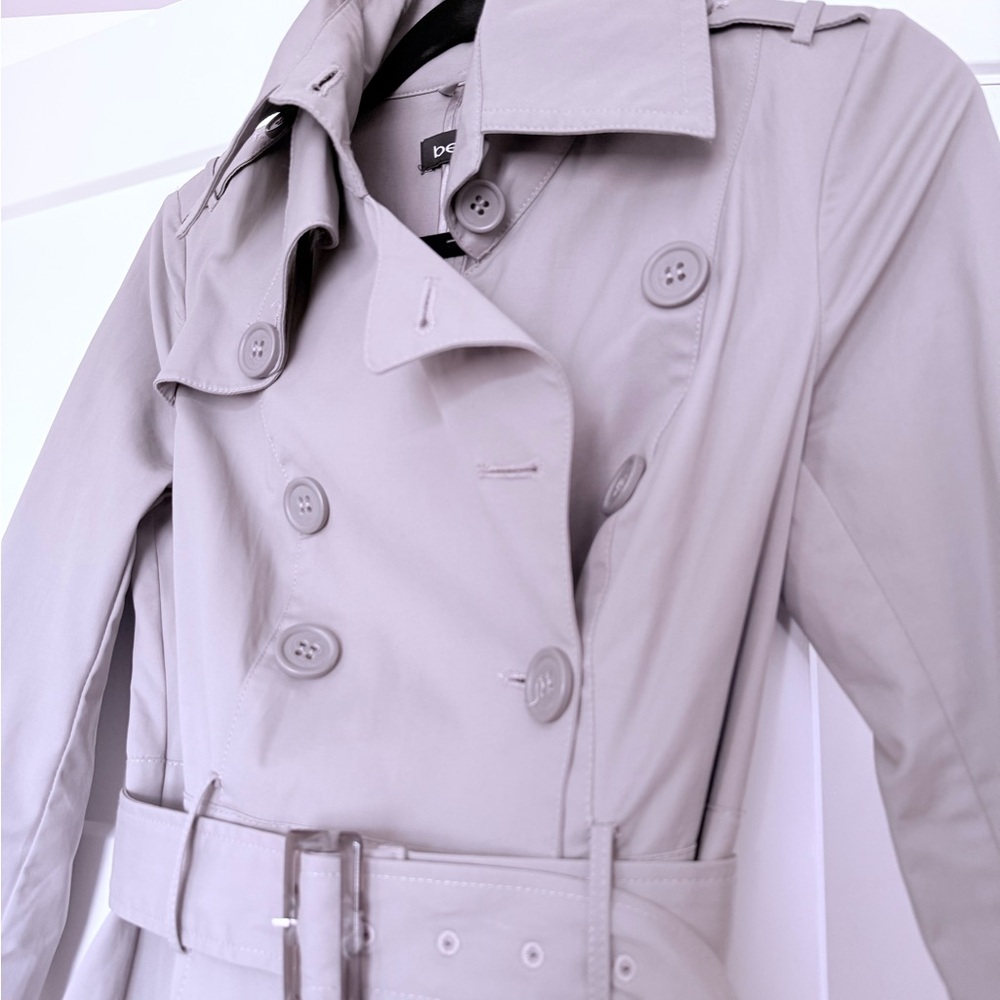 Bebe Ruffle Trench Coat – Fit & Flare Double-Breasted Gray XS - Picture 4 of 5